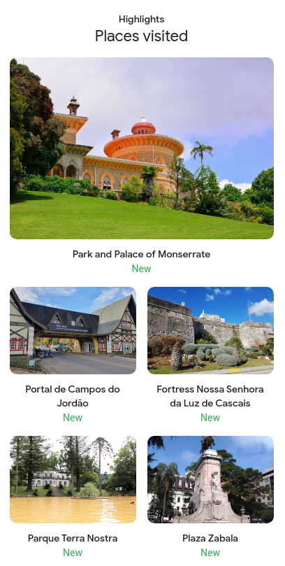 Pictures of places I visited. Palace of Monserrate, Campos do Jordão, Cascais, Parque Terra Nostra, Plaza Zabala
