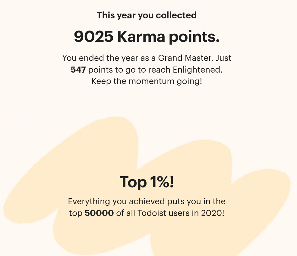 Orange background with some spheres. The text says I have 11069 karma points and I&rsquo;m one of the top 1% users of Todoist