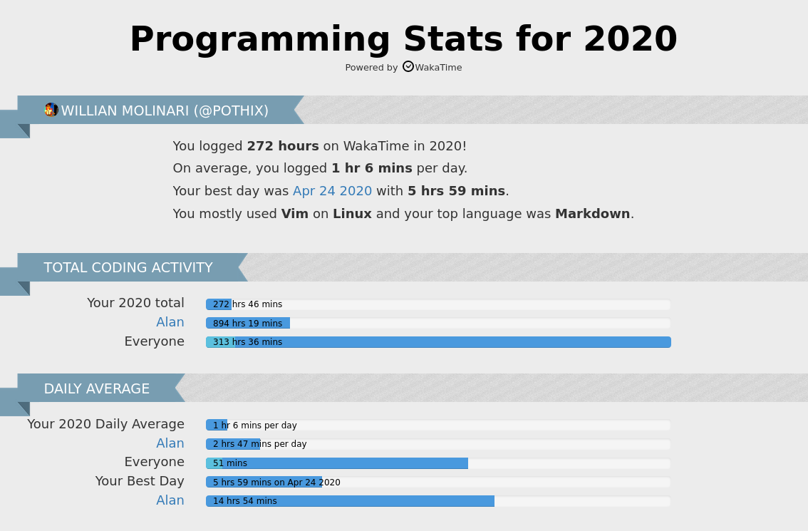 Coding stats for this year. I logged 313 hours and my best day was March 21